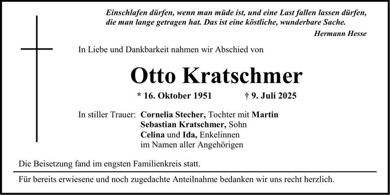 Traueranzeige Otto Kratschmer