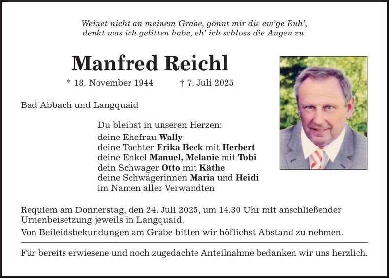 Traueranzeige Manfred Reichl