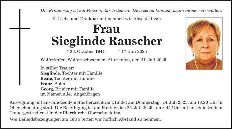 Traueranzeige Sieglinde Rauscher