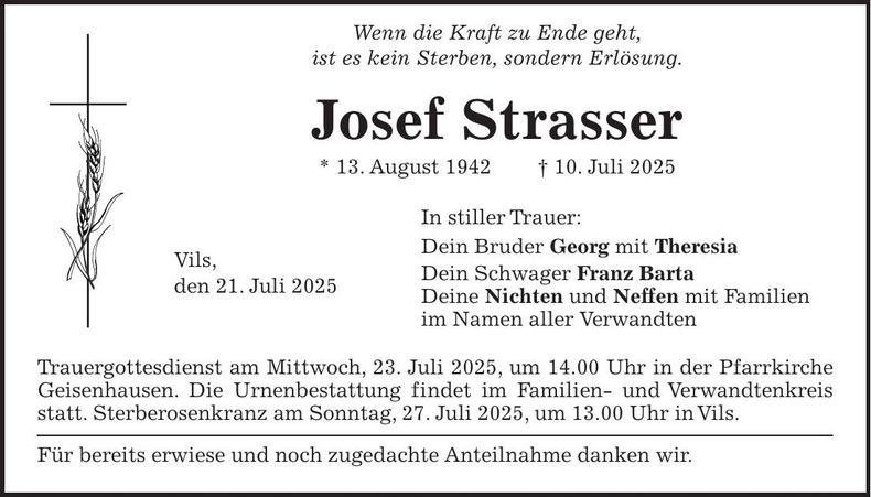 Traueranzeige Josef Strasser