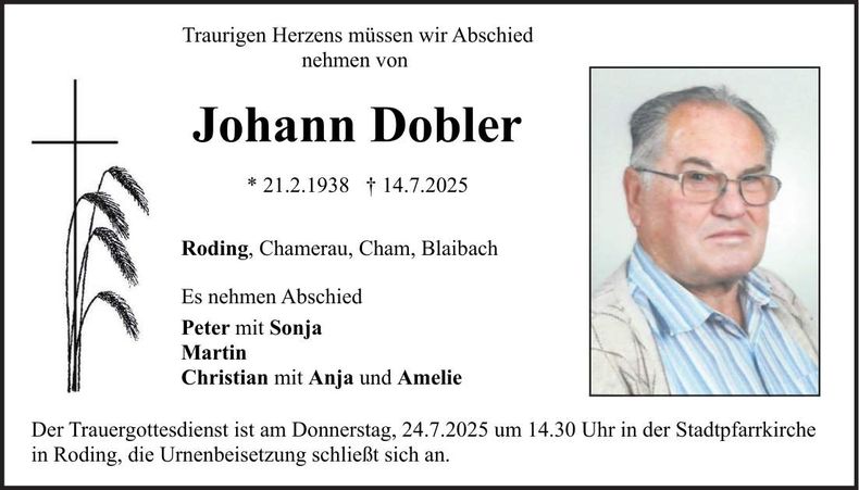 Traueranzeige Johann Dobler