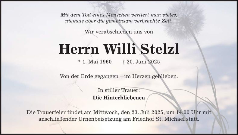Traueranzeige Willi Stelzl