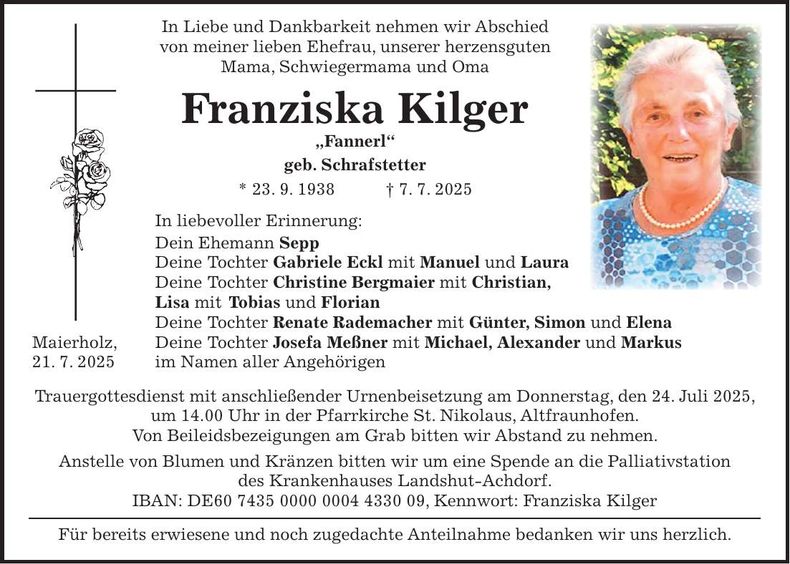 Traueranzeige Franziska Kilger