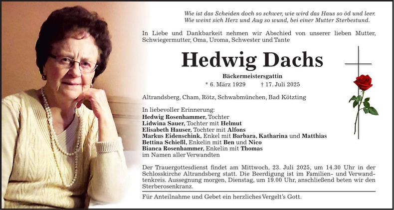 Traueranzeige Hedwig Dachs