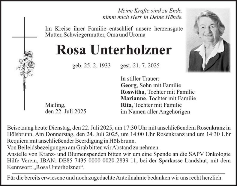 Traueranzeige Rosa Unterholzner