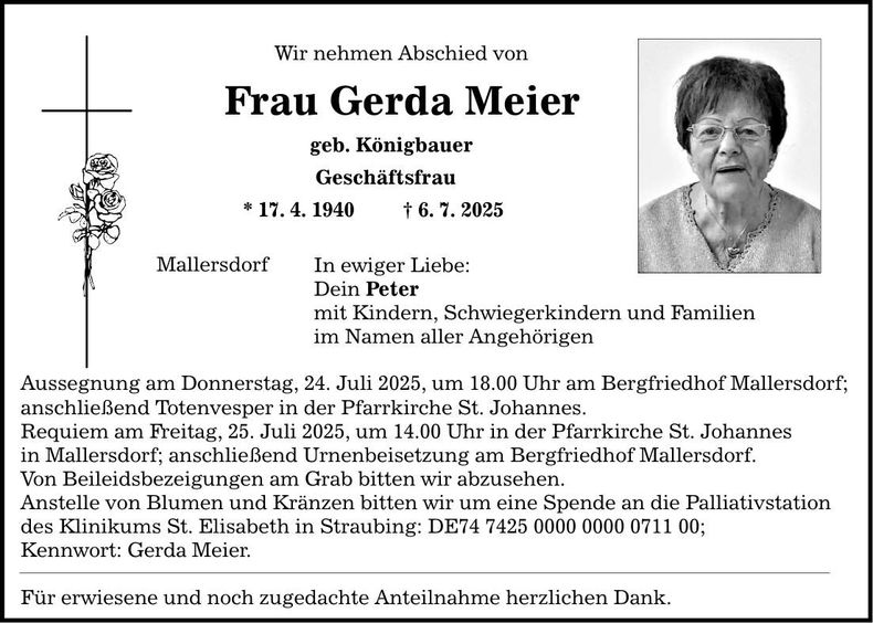 Traueranzeige Gerda Meier