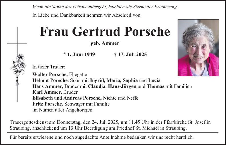 Traueranzeige Gertrud Porsche