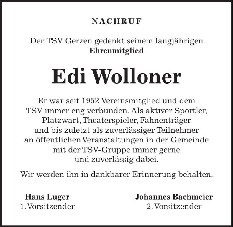 Traueranzeige Eduard Wolloner