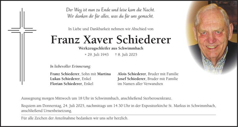 Traueranzeige Franz Xaver Schiederer