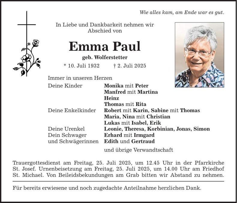 Traueranzeige Emma Paul