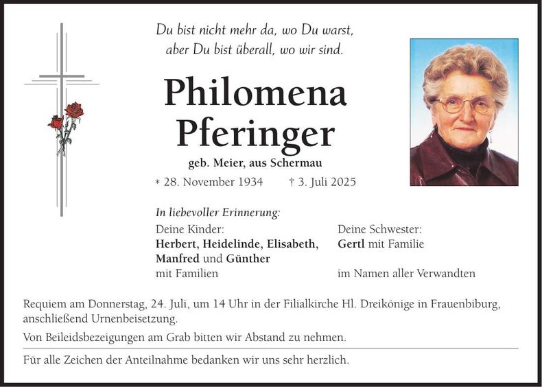 Traueranzeige Philomena Pferinger