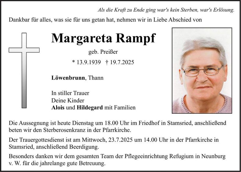 Traueranzeige Margareta Rampf