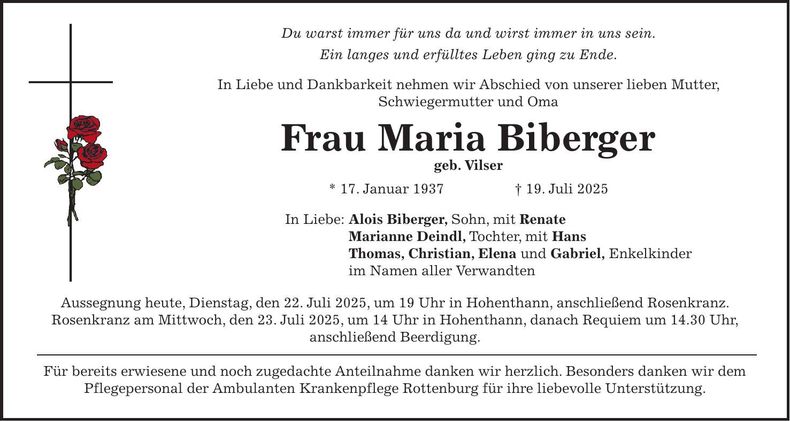 Traueranzeige Maria Biberger