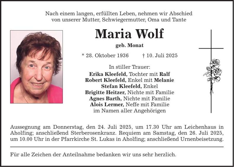 Traueranzeige Maria Wolf
