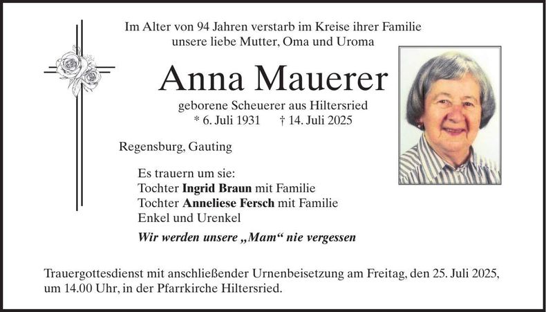 Traueranzeige Anna Mauerer