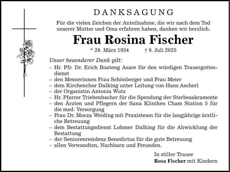 Traueranzeige Rosina Fischer