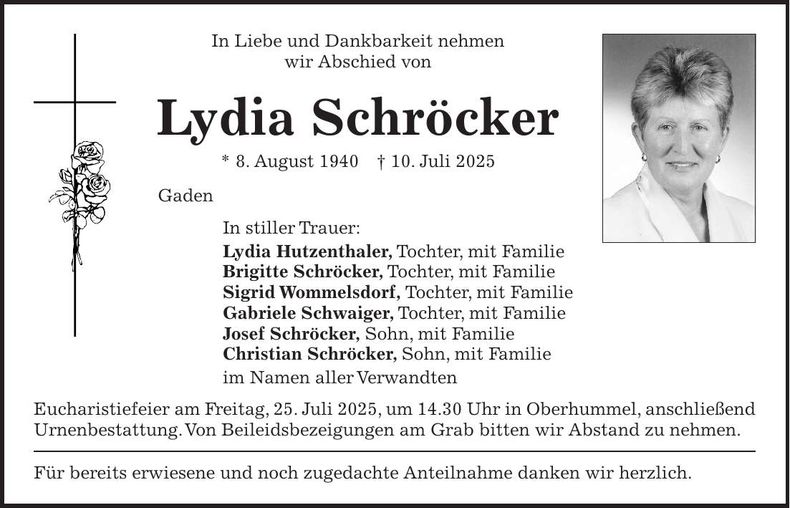 Traueranzeige Lydia Schröcker