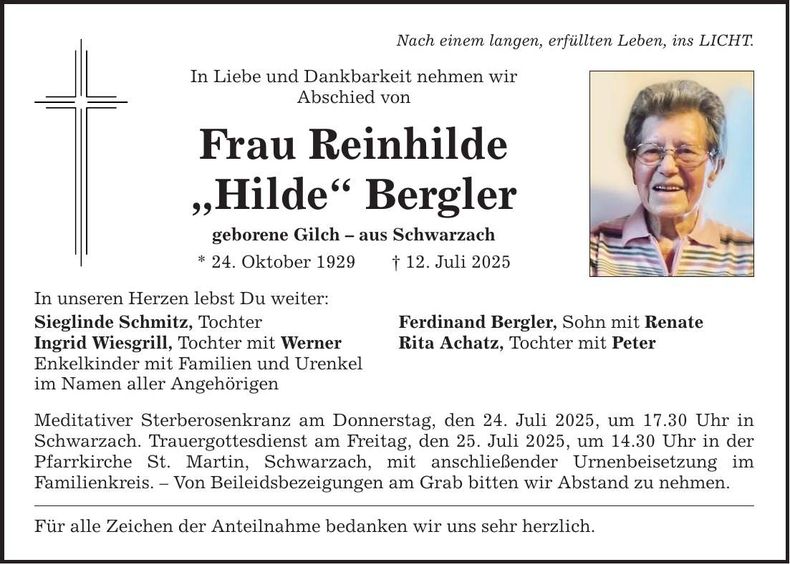 Traueranzeige Reinhilde Bergler