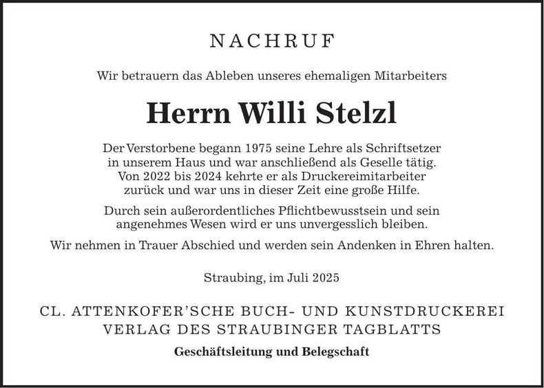 Traueranzeige Wilhelm Stelzl