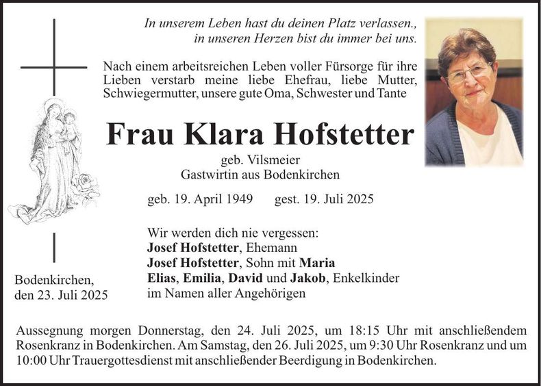 Traueranzeige Klara Hofstetter