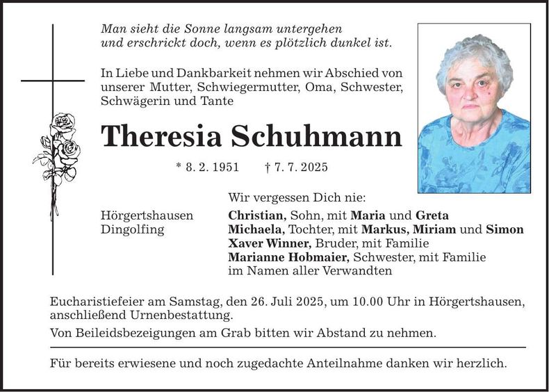 Traueranzeige Theresia Schuhmann