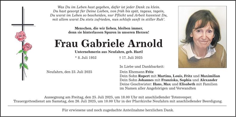 Traueranzeige Gabriele Arnold