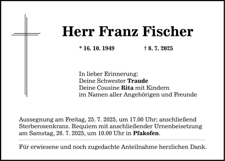 Traueranzeige Franz Fischer