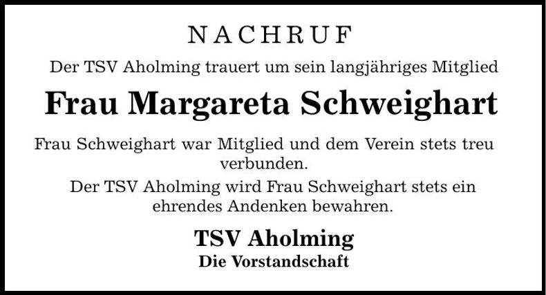 Traueranzeige Margareta Schweighart
