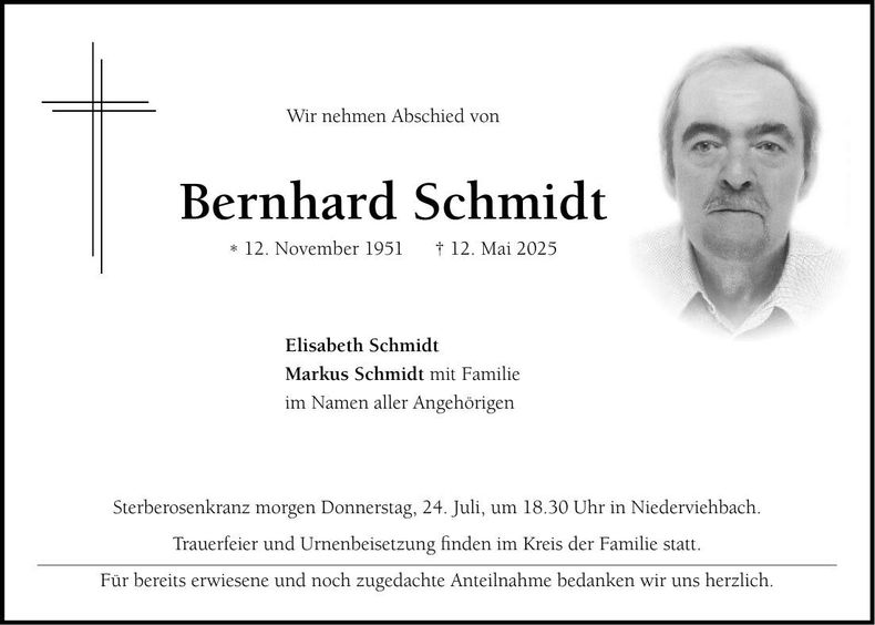 Traueranzeige Berhard Schmidt