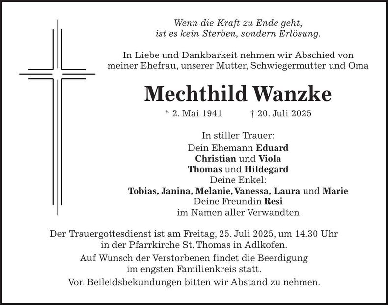 Traueranzeige Mechthild Wanzke