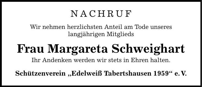Traueranzeige Margareta Schweighart