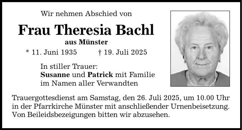 Traueranzeige Theresia Bachl