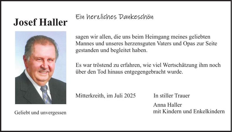 Traueranzeige Josef Haller