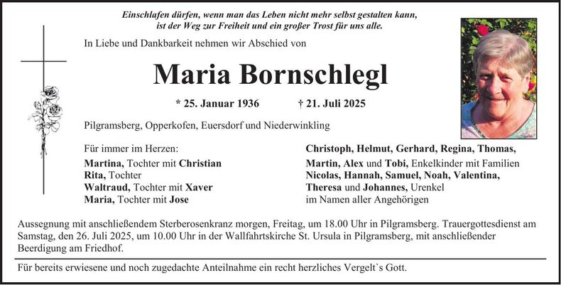 Traueranzeige Maria Bornschlegl