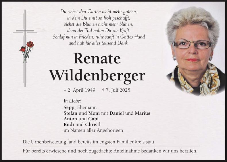 Traueranzeige Renate Wildenberger