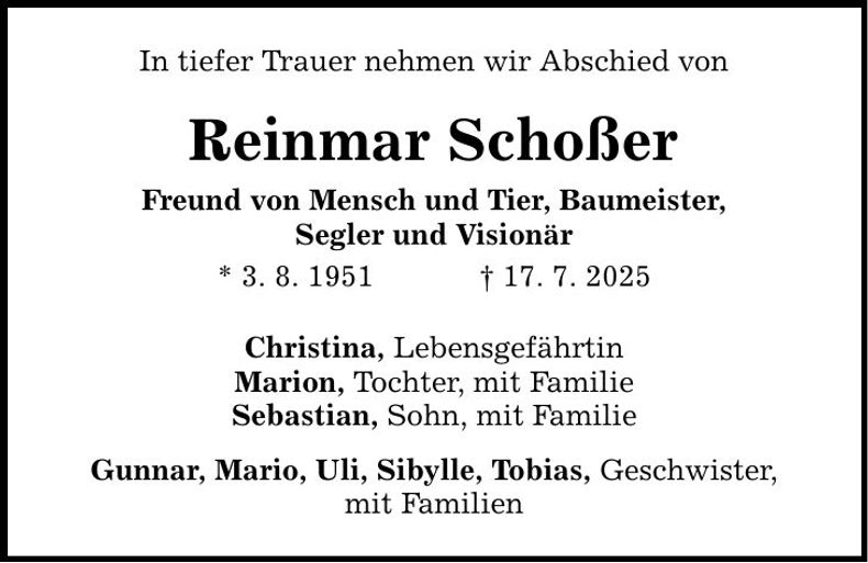Traueranzeige Reinmar Schoßer