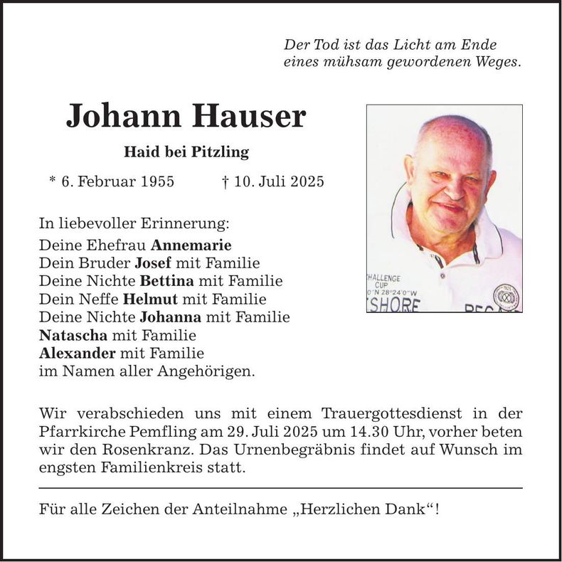 Traueranzeige Johann Hauser