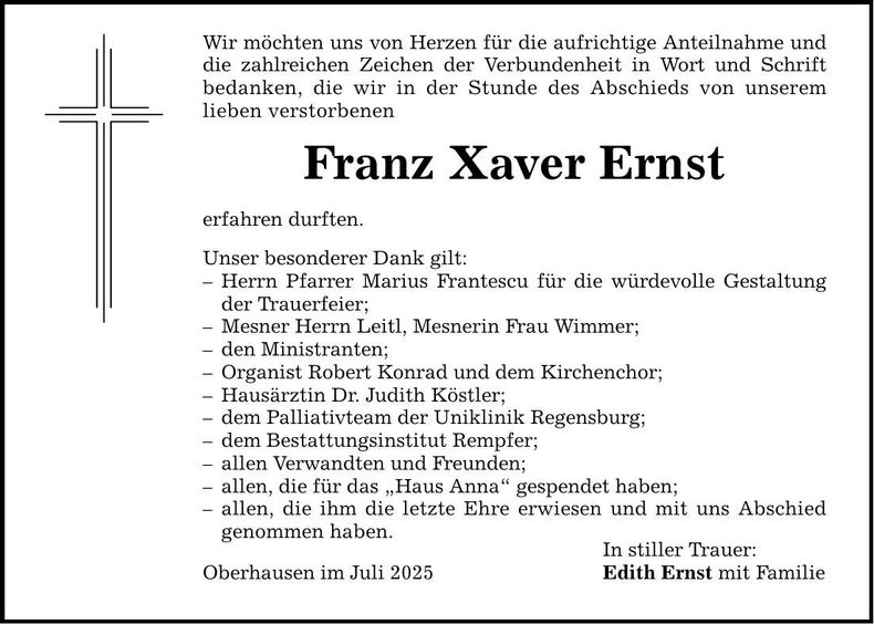 Traueranzeige Franz Xaver Ernst