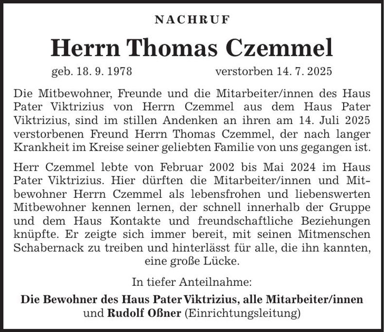 Traueranzeige Thomas Czemmel