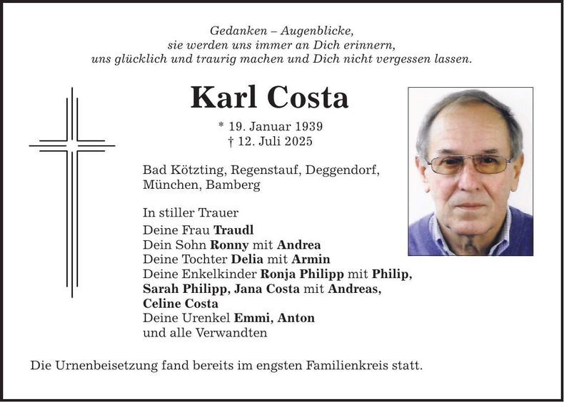 Traueranzeige Karl Costa