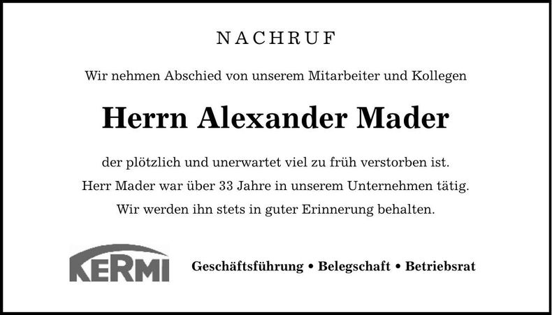 Traueranzeige Alexander Mader