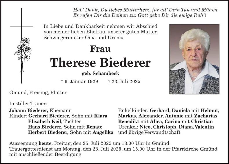 Traueranzeige Therese Biederer