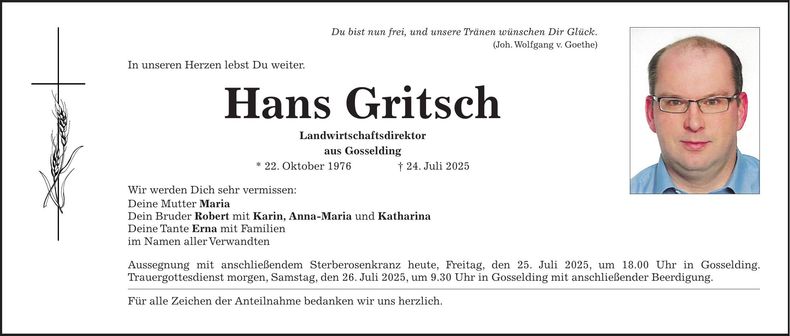 Traueranzeige Hans Gritsch