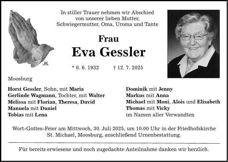 Traueranzeige Eva Gessler