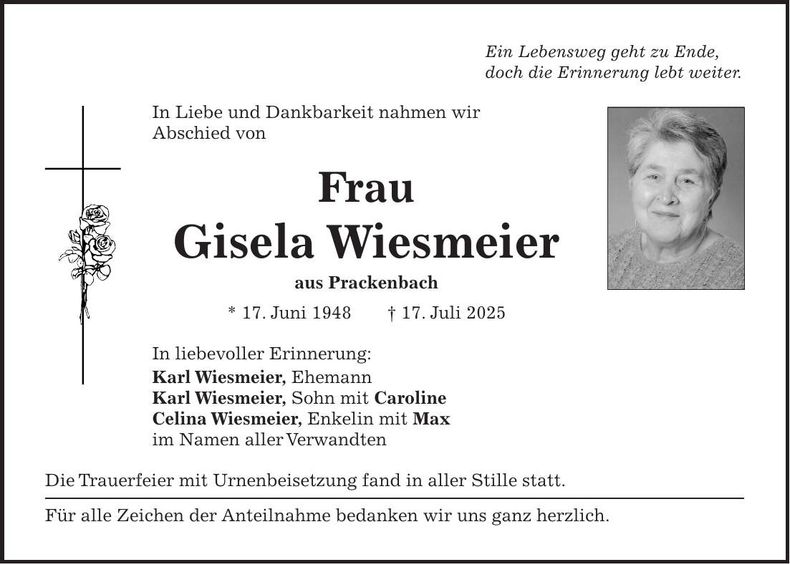 Traueranzeige Gisela Wiesmeier