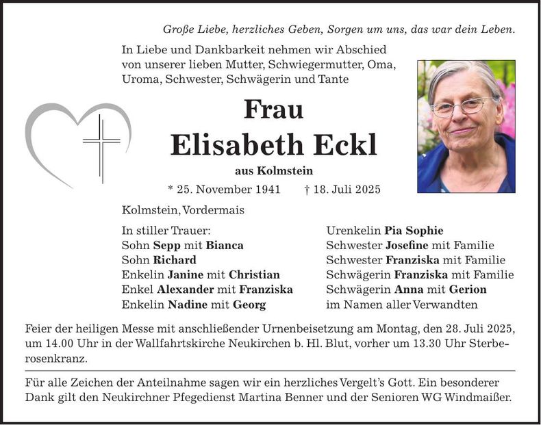 Traueranzeige Elisabeth Eckl