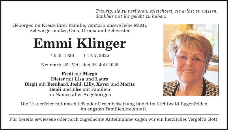 Traueranzeige Emma Klinger