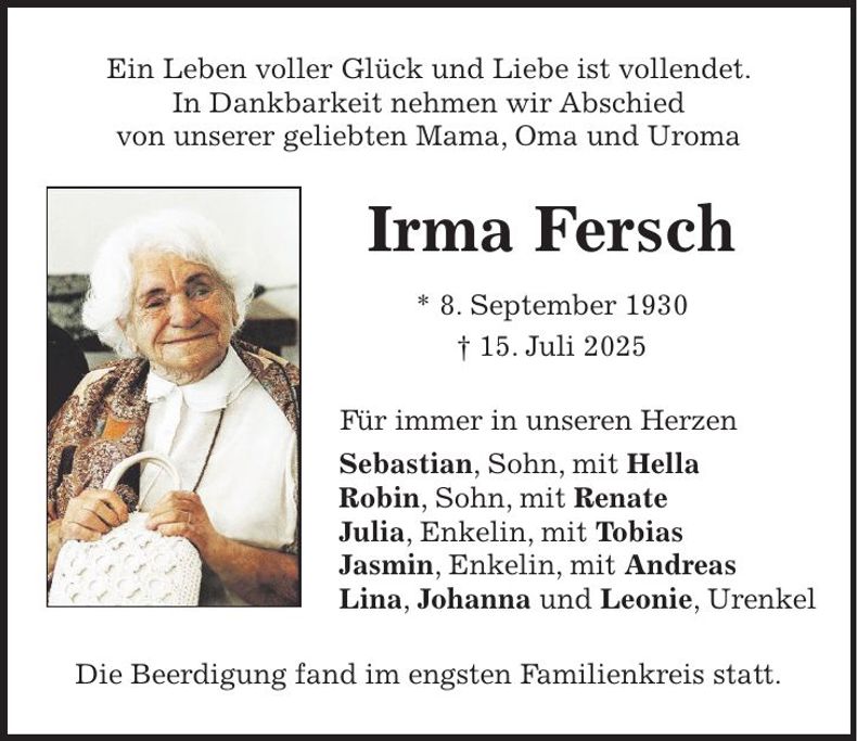 Traueranzeige Irma Fersch
