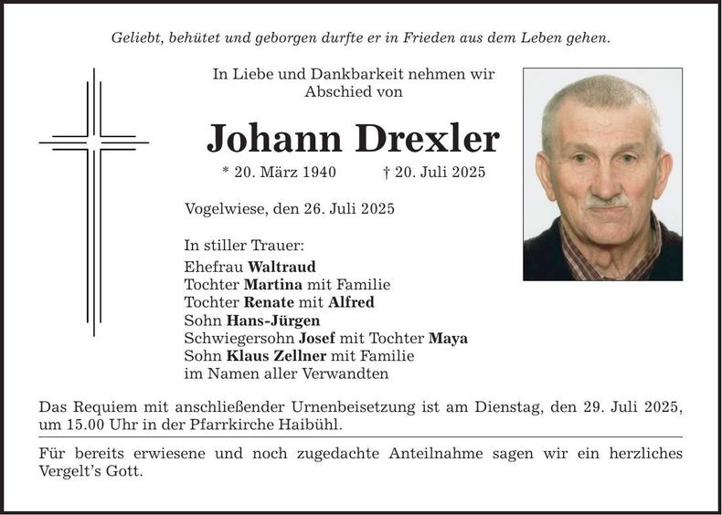 Traueranzeige Johann Drexler