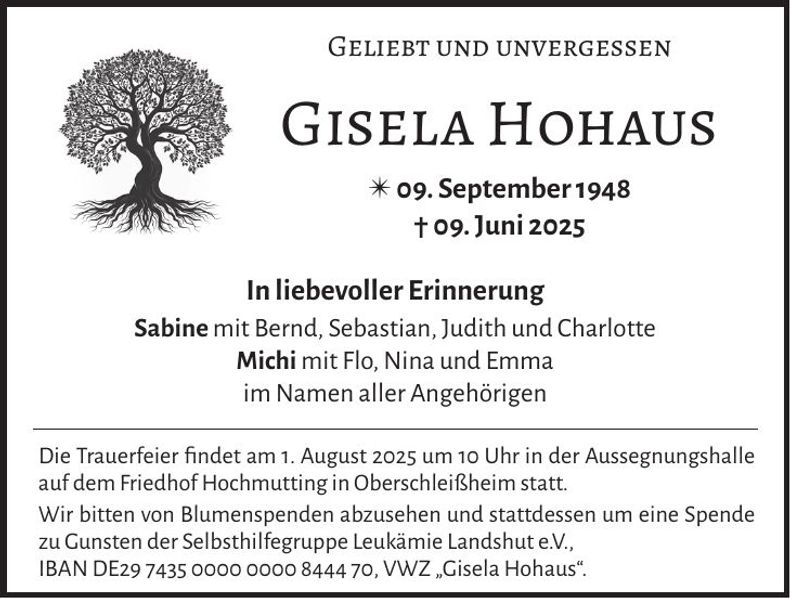 Traueranzeige Gisela Hohaus